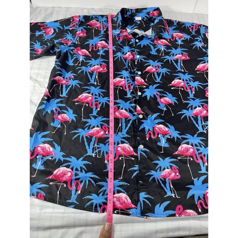 Men’s Flamingo & Palm Tree Hawaiian Shirt | XXL Black/Neon Pink/Blue Party Top
